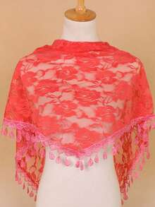 Lenço feminino de renda floral rosa vazada com franjas, em cor sólida, ideal para véu de noiva ou xale de casamento. - Multicolorido - Ver 32