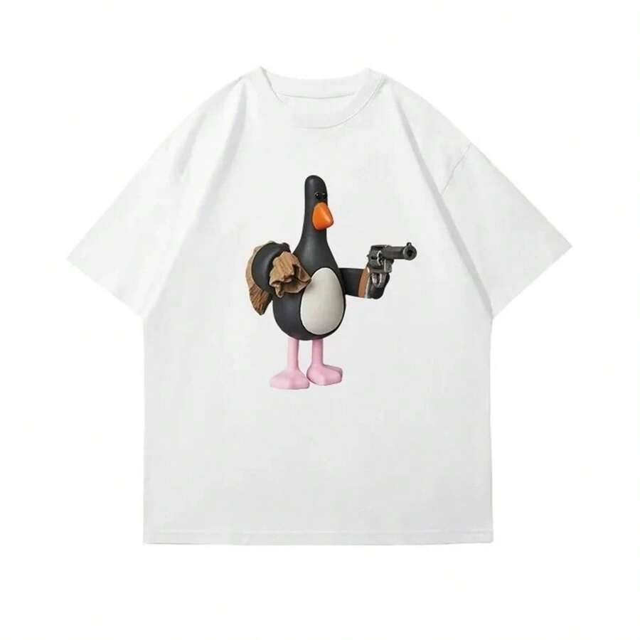 2025 American Cartoon Penguin Print Short Sleeve T Shirt Couple Matching Fit Breathable Casual Top Streetwear Harajuku Clothing - Blanco - Ver 1