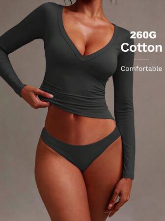 XLLAIS Cotton Women's T Shirt Sexy V Neck Stretch Grey Soft Casual Long Sleeve Top