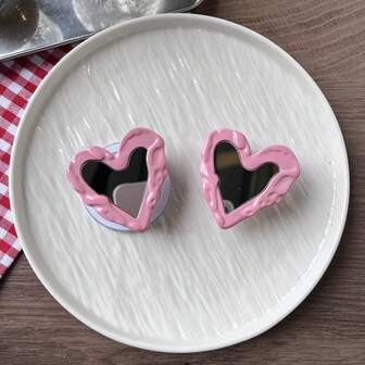 1pc Fashionable Pink Metallic Pleated Heart-Shaped Magnetic Phone Grip Stand, Expandable Desk Mount, Convenient For Makeup And Video Watching