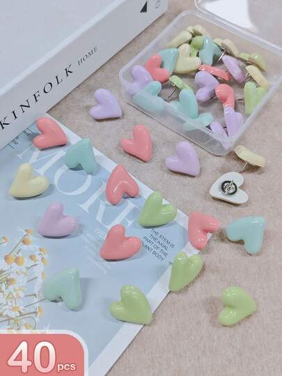 40pcs Cute Heart Shaped Flower Design Creative Pushpins For Felt Memo Board, Photo Wall Decor, Ins Style