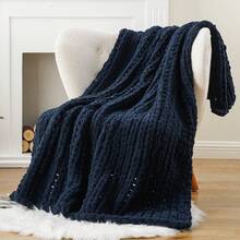 Battilo Beige Chunky Knit Throw Blanket, Soft And Thick Chenille Throw Blanket, 50x60 Handmade Knit Crochet Blanket, Cozy Knot Knitted Throw Blankets Couch Home Decor, Taupe - Navy - 查看 2
