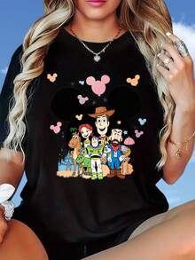 Characters  Ears Design Women's T-Shirt Casual Cotton Top Summer WearDisney Fun Print, Merry Christmas, New Year, Christmas Party Dress, Women's Round Neck T-Shirt, 220gDisney Fun Print, Merry Christmas, New Year, Christmas Party Dress, Women's Round Neck T-Shirt, 220g - 黑色 - 查看 4