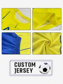 Ensemble de maillot de soccer personnalisé avec le nom "Riyadh Victory" numéro 7 pour jeunes - en polyester, Top col rond et shorts, convient pour l'entraînement sportif et le port casual des garçons, parfait pour l'extérieur - Jaune citron - Voir 5