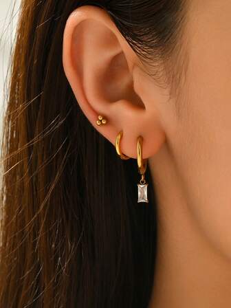 1件/3件套 时尚优雅朋克风18K镀金长方形锆石耳钉，百搭日常佩戴，适合女性