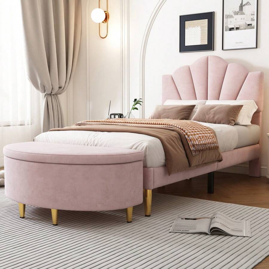 Satin Upholstered Bed, 90*200, Shell-Shaped Bed With Gold Iron Legs, Height-Adjustable Headboard, Wooden Slat Frame, Pink - Pink + Velvet - View 1