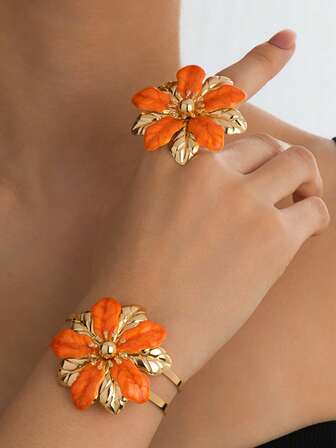 一套时尚复古几何3D花卉水钻手链、手镯、戒指首饰套装，女士礼物