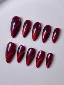 10 piezas de uñas postizas hechas a mano, uñas cortas, uñas falsas, uñas con forma de almendra, uñas francesas puntiagudas, uñas rosas, uñas rojas, uñas blancas, uñas plateadas, con superficie de uñas decorada con líneas plateadas pintadas a mano, elegantes y exquisitas, incluye herramientas de manicura, fáciles de usar y quitar. - Rojo - Ver 5