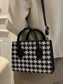 1 Piece Fashion Thousand Bird Check Handbag Square Bag Zipper Opening Shoulder Strap Adjustable Crossbody Bag Suitable For Women's Daily Casual Use - Black - View 3