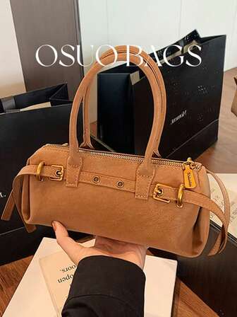 1个时尚PU通勤包，简约纯色复古风休闲单肩/腋下包，女士款，秋冬季