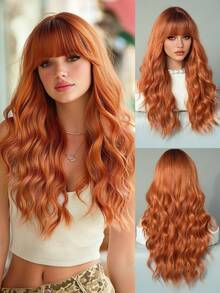 7JHH WIGS High Quality 24-Inch Long Body Wave Pumpkin Orange Wigs For Women Fashion Synthetic Wavy Curly Wig With Bangs, Heat-Resistant Fiber Full Machine Fake Hair, Beginners Glueless Costume Wigs For Daily Party Wear, Music Festivals Cosplay Use - 橘色 - 查看 2