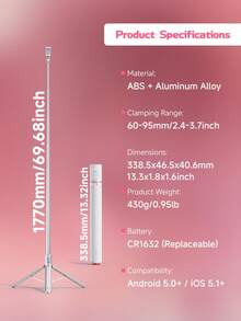 TOKQI 1770mm Super Long Selfie Stick Tripod,One-Touch Push Button Switch All-Aluminum Extended Ground Stand ,Rotation Phone Holder With Bluetooth Wireless Remote Control Compatible With Outdoor Camping,Traveling, Vlogging,Family Party,Holiday Recording,Live Streaming - Multicolor - View 12