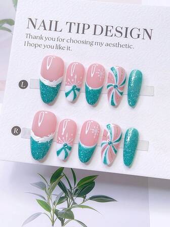10片装Y2K风格别致杏仁形美甲贴片套装 - 手工制作，粉色、绿色、绿色法式美甲，手绘雪花和圣诞元素设计，精致可爱，圣诞美甲 - 适合女性和女孩，派对、婚礼、日常佩戴，DIY美甲，美甲套装，包含工具包。哥特风美甲。圣诞杏仁形美甲。手工亚克力杏仁形美甲贴片。短款美甲贴片。假指甲。美甲用品