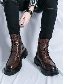Men's Genuine Leather Round Toe Lace Up Oxford Shoes Side Zipper Platform Combat Boots With Lug Sole Comfortable Ankle Chukka Boots For Fall Winter Outdoor Military Casual Business Work - màu nâu - Xem 1