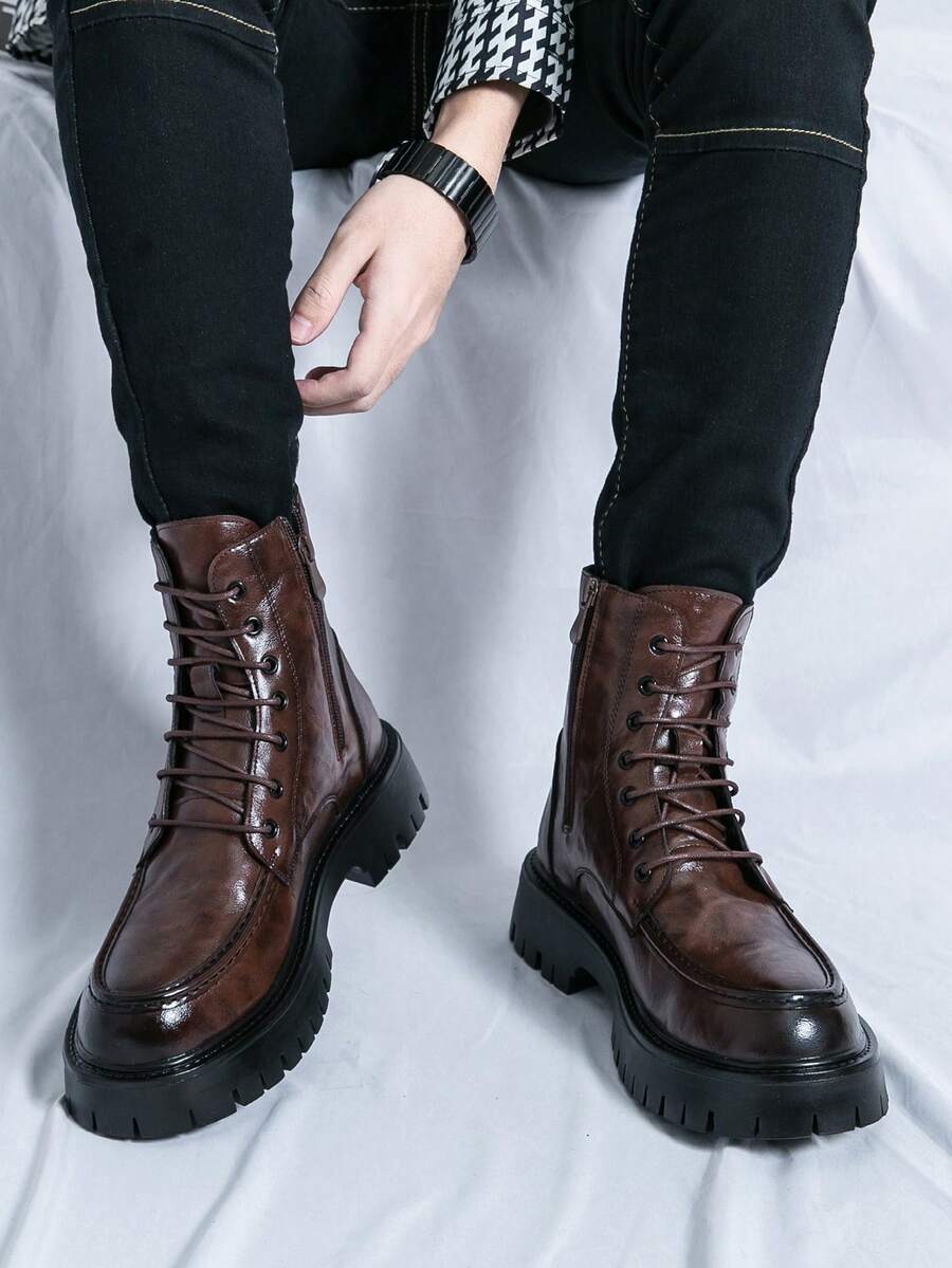 Men's Genuine Leather Round Toe Lace Up Oxford Shoes Side Zipper Platform Combat Boots With Lug Sole Comfortable Ankle Chukka Boots For Fall Winter Outdoor Military Casual Business Work - màu nâu - Xem 1