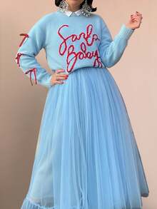 Pullover in Große Größen für Damen im koreanischen Stil, blau, Rundhalsausschnitt, Langarm, mit Buchstabenmuster und Schleifen-Dekoration, süß und lässiger Schul-Stil - Verschiedenfarbig - Übersicht 8