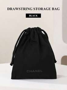 CHANEL Black Drawstring Soft Padded Makeup Bag, Flannel Fabric Cosmetic Storage Organizer, Multi-Functional Travel Pouch - Black - View 7