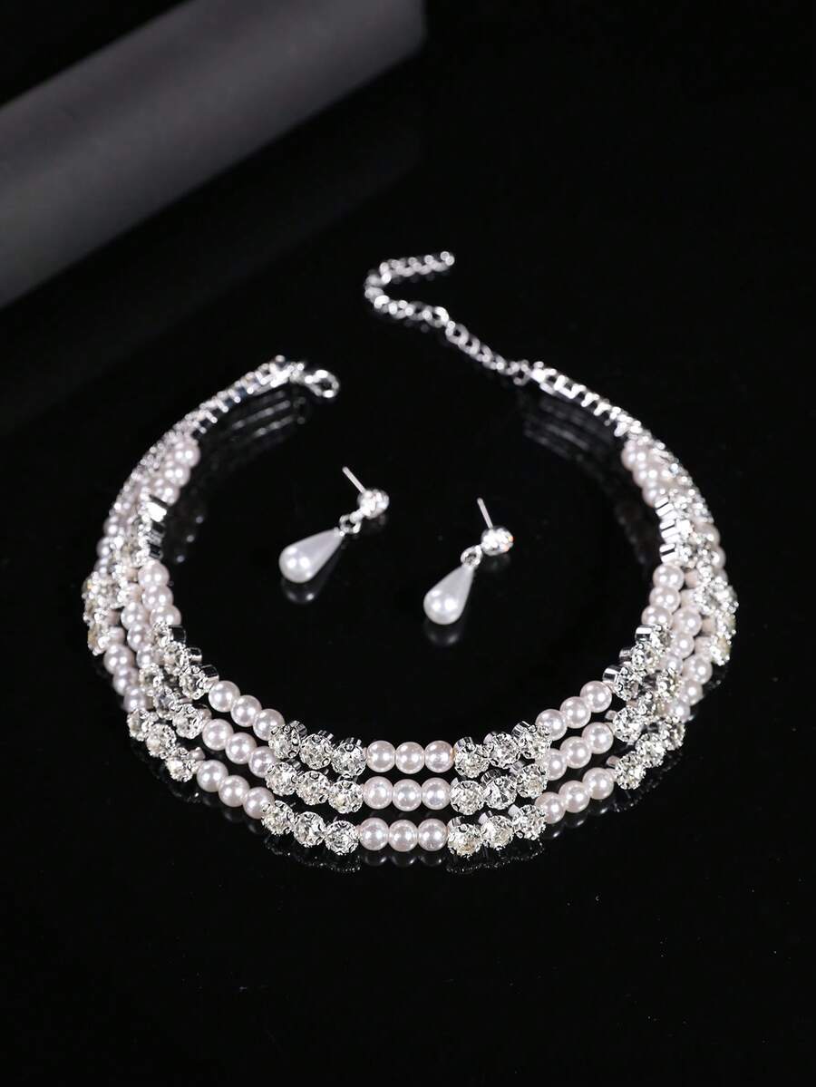 3件套优雅珍珠水钻项链耳环首饰套装，时尚迷人