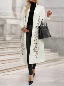Women's Casual Embroidered Stand Collar Long Cardigan Jacket - White - View 7