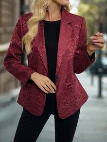 Damen elegante Blazer Jacke mit Blumen Jacquard-Muster, Fake-Taschen und Einreiher-Revers, geeignet für den täglichen Gebrauch und Veranstaltungen, Frühling/Herbst - Bordeaux - Übersicht 7