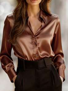 女士纯色涤纶衬衫，前襟纽扣设计，轻薄透气，适合春夏穿着 - 摩卡棕 - 查看 6