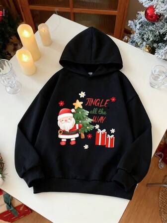 Teena Girl Clothes,Santa Claus And Gifts Pattern Print Hooded Sweatshirt - Comfortable Long-Sleeved Casual Pullover, Machine Washable, Daily Essential, Loose Style, Suitable For Boy And Girl, Street Style, Suitable For School, Vacation, Shopping, Sports And Other Occasions
