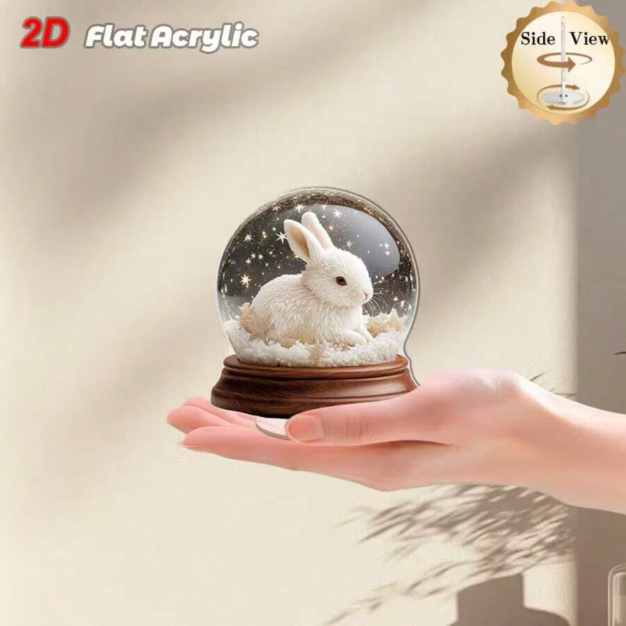 2D Flat, 1pc 2D Flat Rotating Acrylic Desktop Decor Featuring A Charming Glass Snow Globe With A Fluffy White Rabbit For An Enchanting Office Or Living Room Ambiance, Indoor Ornament, Home Decoration, Rotating Display, Enchanting Ornament, Durable Acrylic, Lightweight Decor, Desktop Ornament, Decorative Globe, Gift Shoppers, Office Workers, 2D Flat - Multicolor - View 1