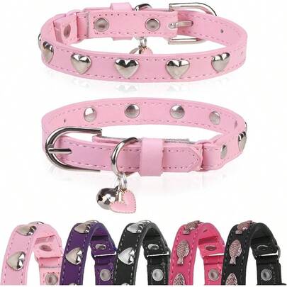 Leather Collars Cats With Bell And Ty Elastic Belt, Personalized Love And Fish Stud Adjustable  Collar Small Big Cats Size 8 - 11 Inch,