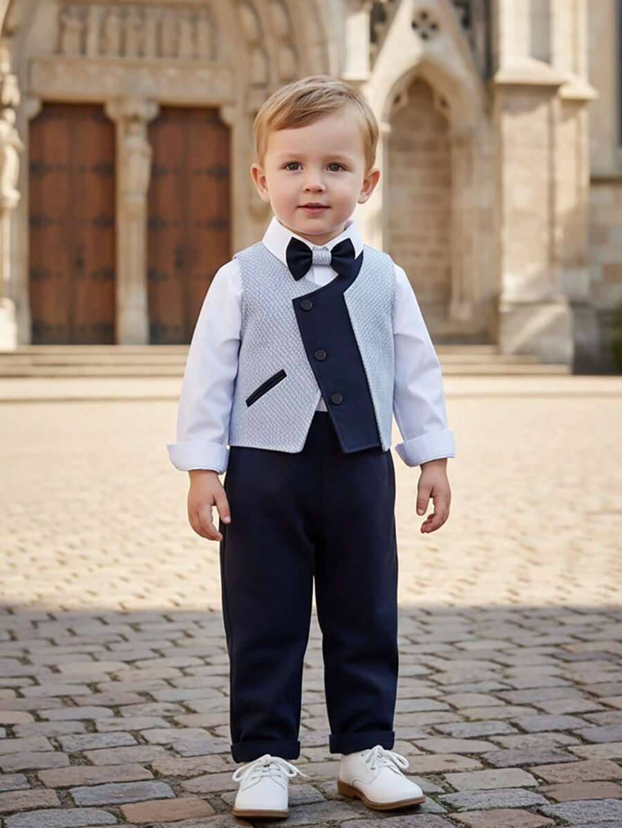 BOARNSEORL 三件套男童绅士套装 - 白色衬衫配领结、马甲和裤子，时尚百搭，适合生日派对、周年纪念、婚礼等场合。 - 藏蓝色 - 查看 1
