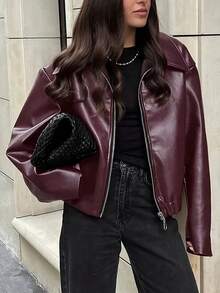 Women's Oversized Faux Leather Zip Up Jacket - Lightweight Casual Outerwear For Spring & Summer/Glowmode Ropa De Mujer/Cachorro Feliz/Vacation Outfits Women/Summer Outfits For Women/Summer Clothes/Spring Outfits For Women - 酒紅色 - 查看 4