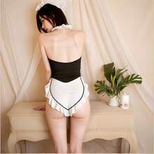 Sexy Exotic Lingerie Set Maid Costume Role Play Cosplay Hanging Neck Erotic Outfit Hot Temptation Anime Inspired Fetish Wear - 黑色+乳貼 - 查看 3