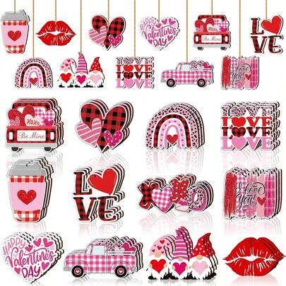 12件/24件/36件情人节木质挂饰，情人节树饰，粉红色红色爱心小矮人镂空挂件，带绳XOXO爱心符号吊坠，适合家居派对装饰，可爱的情人节饰品，包含爱心、汽车、亲吻、红唇等元素，营造浪漫氛围