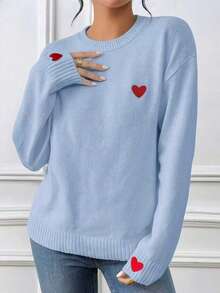 Nuevo suéter de moda 2025 para mujer con diseño de corazón del Día de San Valentín y hombros caídos. Es un versátil jersey de cuello redondo de manga larga, con un diseño elegante, suave y transpirable, adecuado para la temporada de otoño/invierno y el uso diario. - Azul - Ver 3