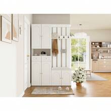 Wardrobe Set, Wall-Mounted Cabinet; Wardrobe Set With Shoe Bench And Shoe Rack, 4 Hooks, 6 Doors, 2 Drawers, White Living Room Furniture (110*180*37cm) - White + Particle Board - View 3