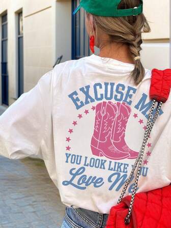 女士夏季街头红色靴子图案个性化印花圆领T恤，西部风格上衣