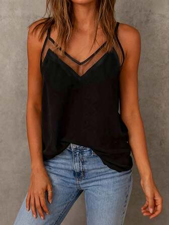 Women's Sleeveless Mesh Panel V-Neck Spaghetti Strap Camisole Tank Top, Solid Color Casual Elegant For Beach Vacation Honeymoon Date, Can Be Worn As Undershirt, Spring/Summer