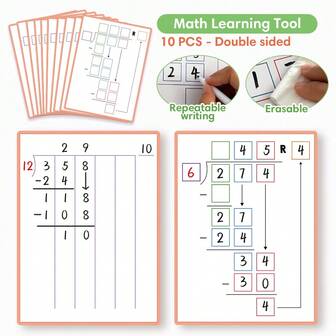 10 pezzi di schede di apprendimento matematico cancellabili a doppia faccia, fogli di lavoro per la pratica della divisione, strumento matematico riutilizzabile per lavagna cancellabile per sviluppare le abilità di divisione dei bambini