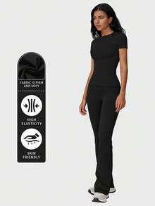 MFVIM Women's 2-Piece Sportswear Set, Short Sleeve Top And High-Waisted Flare Pants, Solid Color Slim Fit, Casual Outdoor Sports Fitness Suit, Suitable For All Seasons - Black - View 6