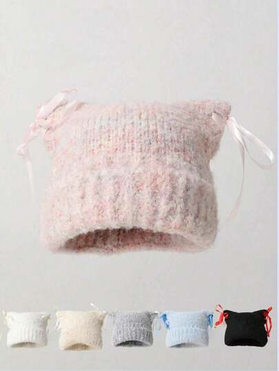 1 件装女士卡通动物耳朵手工编织羊毛帽 - 可爱、日常休闲和优雅风格，采用超柔软腈纶混纺纱线制成，舒适不扎人，带有精致的手工编织针脚，丰富的纯色选择，以及各种颜色的可爱立式动物耳朵。