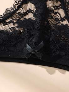 3 件套黑色性感蕾丝拼接女士丁字裤，可爱蝴蝶结柔软舒适透气内衣 - 黑色 - 查看 9