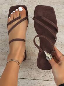 2025 New Summer Square Toe Elegant Sandals, White Faux Leather Circle Toe Thin Strap Plus Size Criss-Cross Open Toe Comfortable Fashion Ankle Strap Flat Sandals, Non-Slip Breathable Suitable For Summer Outdoor, Can Be Worn As Holiday/Casual Sandals. Order One Size Up If You Have Wide Or Large Feet. - Coffee Brown - View 7