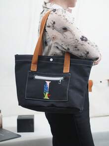 New Black Hooded Fashionable Shoulder Bag With English Letter & Floral Print, Versatile For School, Campus, Library, Commute, Shopping, Travel, Large Capacity Casual Tote Bag