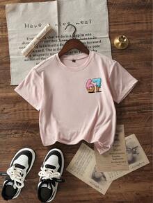 Tween Girls' Casual Pink Graphic Print Crew Neck Short Sleeve T-Shirt, Summer Top - Pink - View 4