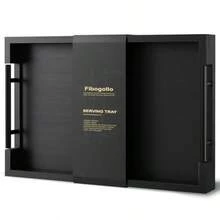 Bamboo Serving Tray With Metal Handles15x10in Ottoman Decorative Trays Platter For Coffee Table Living Room Bar Party Medium Black - Brown-M - 查看 7