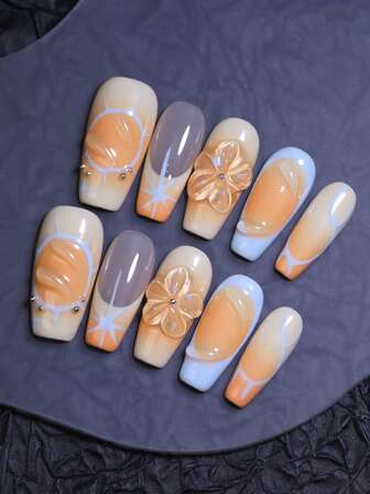 10片装芭蕾舞长款手工橙蓝双色按压式美甲贴片，3D手工雕刻柑橘美甲装饰，法式风格假指甲，可重复使用，快速持久，四季皆宜，DIY美甲美妆