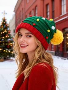 成人和儿童圣诞帽，红色针织帽配绒球，男女通用圣诞节节日帽，适合成人和儿童圣诞派对 - 彩色 - 查看 14