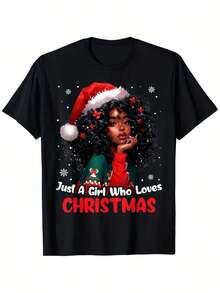 Camiseta Just A Who Loves Christmas - Hombres y Mujeres Afroamericanos, Tela Pesada 100% Pura de 180gsm, Camiseta Gráfica Retro con Diseño de Gorro de Santa y Copos de Nieve, Tallas S-XXXL, Negra con Letras Rojas - Regalo de Vacaciones para Fiestas de Navidad y Atuendo Casual - Negro - Ver 3