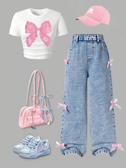 Tween Girl Bow Graphic Print Round Neck Short Sleeve Top And Denim Long Pants