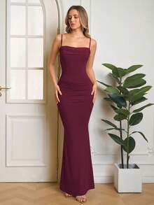 PARTHEA Women's Elegant Ruched Solid Color Mermaid Hem Bodycon Formal Dress - Burgundy - View 7