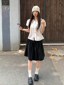 Korean Retro Black Floral Pleated Puffy Mid-Length Casual Versatile Skirt For Women Spring - Black - View 7